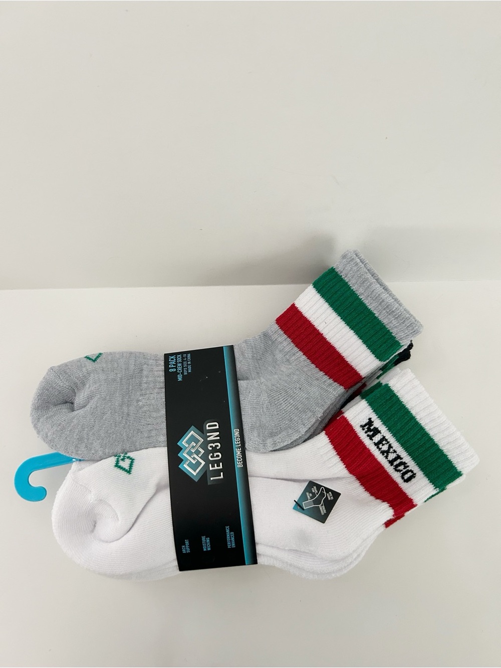 Legend Mexico Crew Socks - Gray & White with Green/Red Stripes 8 Pack